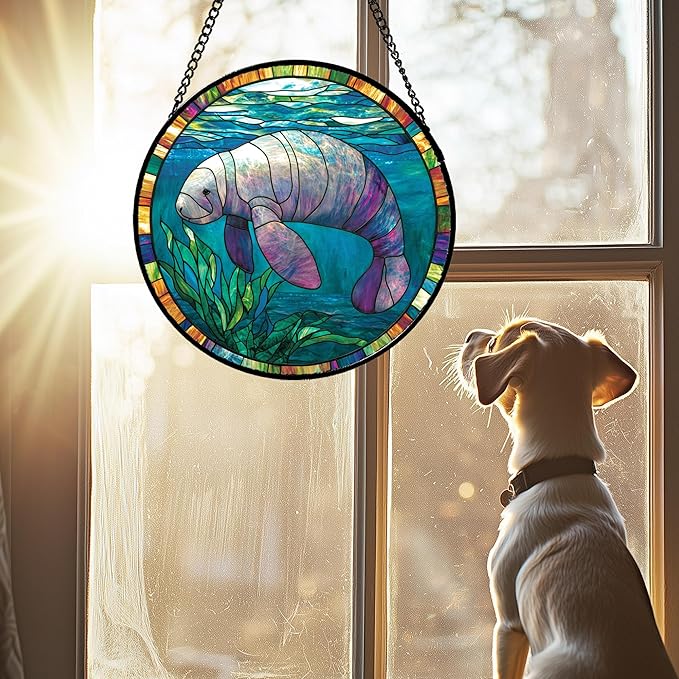 Stained Glass Window Hanging Blue Ocean Seaweed Manatee 9.8" - Suncatcher Door Garden Sunroom Sun Catcher Home Decor Birthday Christmas for Mom Men Woman Nana