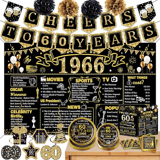 60th Birthday Decorations for Men Women, 103 PCS Back in 1966 Decorations, Vintage 60th Birthday Party Tableware Set for men,Backdrops,Banner, Hanging Swirl,Card, Paper Poms,Tableware for 24 Guests