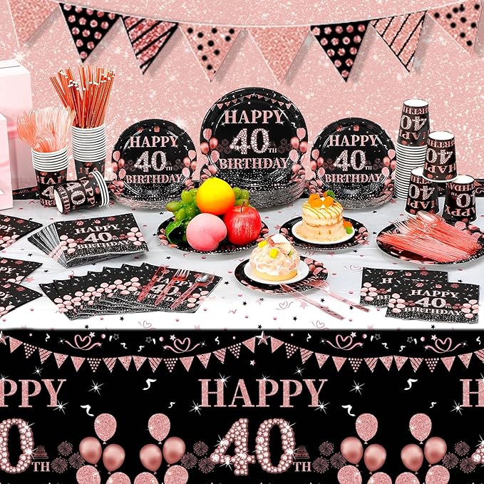 452 Pcs 40th Birthday Decorations for Women Black and Rose Gold 40th Birthday Paper Plates Cups Napkins Tablecloth Cutlery Straws for Girls Women 40 Year Old Party Supplies for 50 Guests