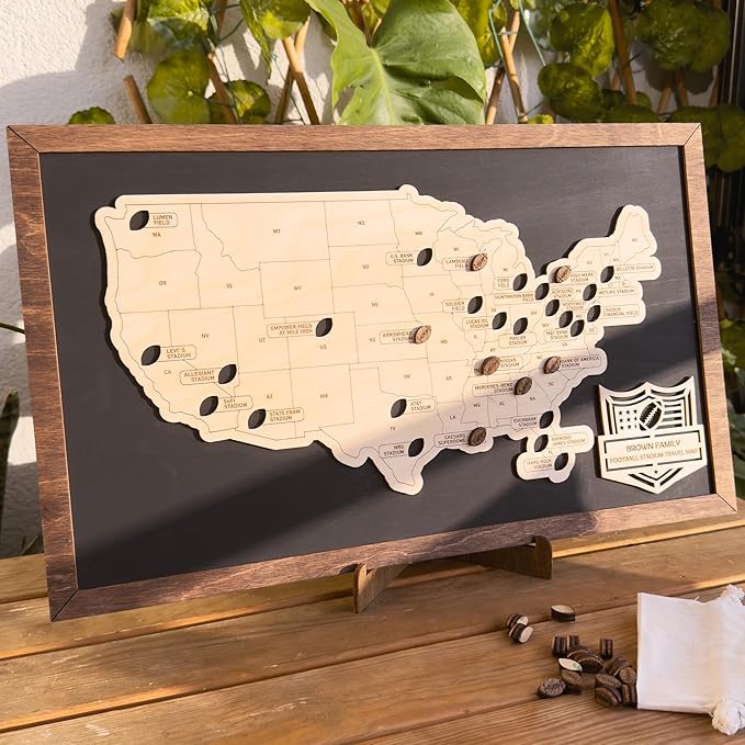 Personalized Wooden American Football Stadium Tracker Map - Football Stadium Bucket List - Custom Travel Map - Handcrafted Wall Art - Unique Gift for Football Fans (Without Silhouette)