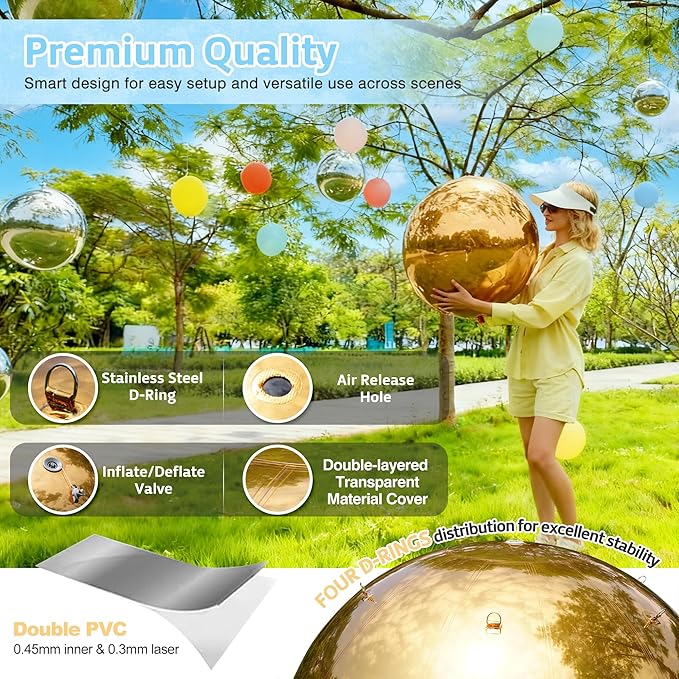 Inflatable Mirror Ball Shiny Balls Large Hanging & Standing PVC Disco Bubble Balloon For Christmas, Birthday, Party, Wedding, Decoration, Other Events (Gold, 1 Pcs 47.2in Without Pump)