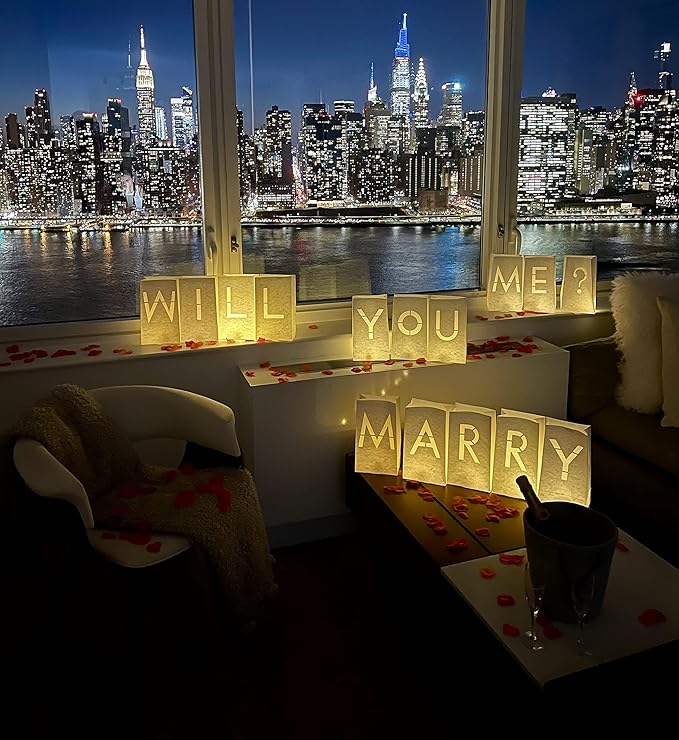 Luminary paper bags wedding proposal decorations “will you marry me?” light up letters sign with led lights included for engagement party, proposals