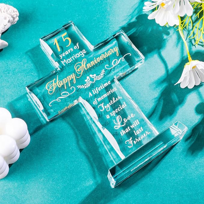 YWHL Happy 15th Anniversary Glass Cross Gifts for Couples, 15 Year Cross Wedding Anniversary Romantic Gifts for Her, 15 Years of Marriage Present for Him