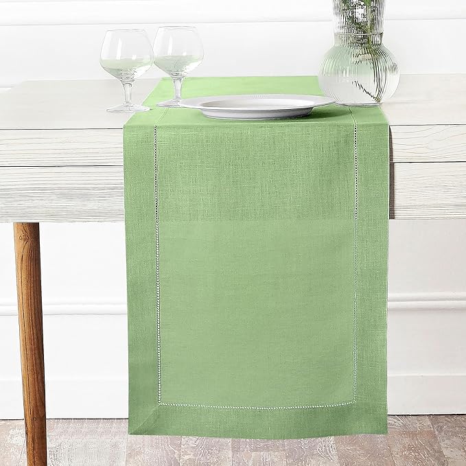 D'Moksha Homes Linen Sage Green Table Runner 120 Inches Long - 100% Pure Linen Hemstitch 14 x 120 Inch Table Runner for Dining, Spring, St Patricks Day, Easter - Classic Hemstitch