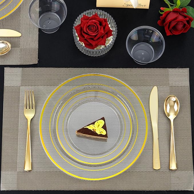 I00000 600Pcs Clear Gold Plastic Plates for 100 Guests, Plastic Dinnerware Set of 100 Gold Disposable Plates, 100 Dessert Plates, 200 Forks, 100 Knives and 100 Spoons Perfect for Party & Wedding
