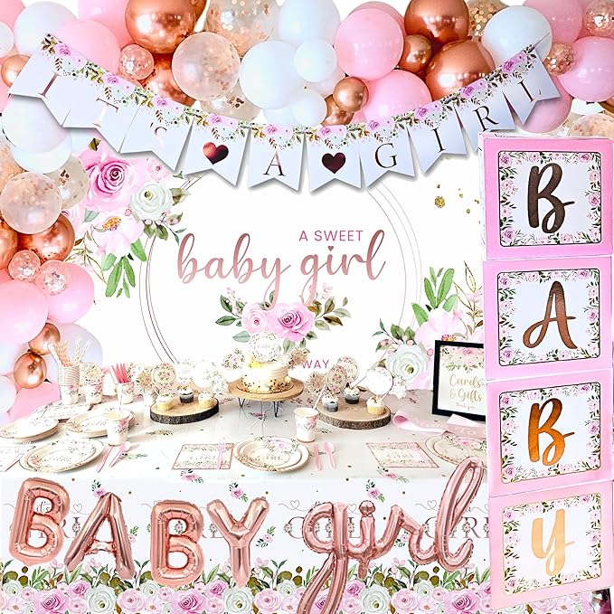 MEGA 254 Pc Floral Baby Shower Decorations For Girl | Pink Balloons Garland Kit, BABY boxes, It's A Girl Backdrop, Banners, Cake Toppers, Tablecloth, Plates, Napkins, Straws, Cups, Utensils 20 Guests
