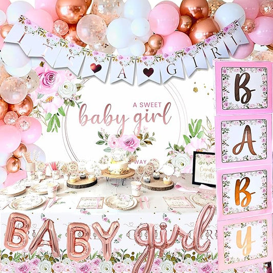 MEGA 254 Pc Floral Baby Shower Decorations For Girl | Pink Balloons Garland Kit, BABY boxes, It's A Girl Backdrop, Banners, Cake Toppers, Tablecloth, Plates, Napkins, Straws, Cups, Utensils 20 Guests