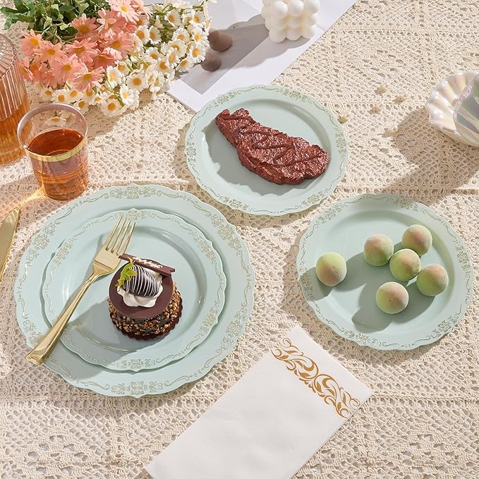 350 PCS Green Disposable Plates, Elegant Dinnerware Set for 50 Guests, 100 Plastic Plates, 150 Silverware, 50 Cups & 50 Paper Napkins, Green