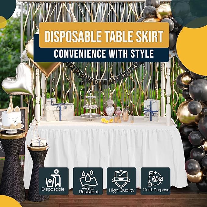Exquisite Ruffle Table Skirt White Pack Of 12, 14 Ft Long Table Skirts for Rectangle Tables 6ft Plus or Round Tables Skirts with Adhesive Strip for Gender Reveal Decor & Happy Birthday Parties