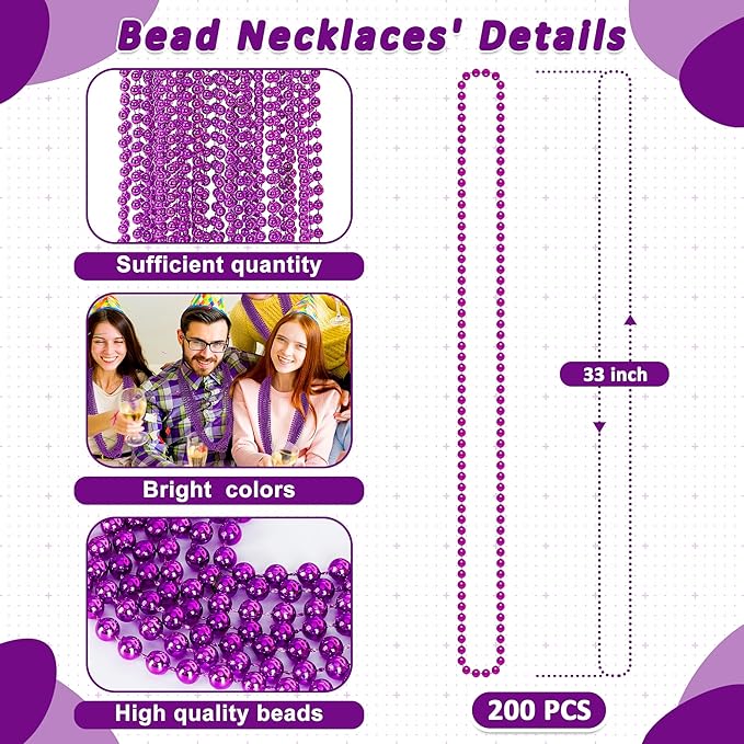 200 Pack Mardi Gras Beads, 33" Purple Bead Necklace, Mardi Gras Costume Accessories Bulk, Parade Throws for Carnival Pirate Christmas Wedding Birthday Baby Shower Party Supplies Favors Decor