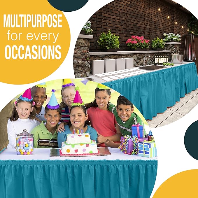 Exquisite Ruffle Table Skirt Turquoise 12 Pack 14 Ft Long Table Skirts for Rectangle Tables 6ft Plus or Round Tables Skirts with Adhesive Strip for Gender Reveal Decor & Happy Birthday Parties