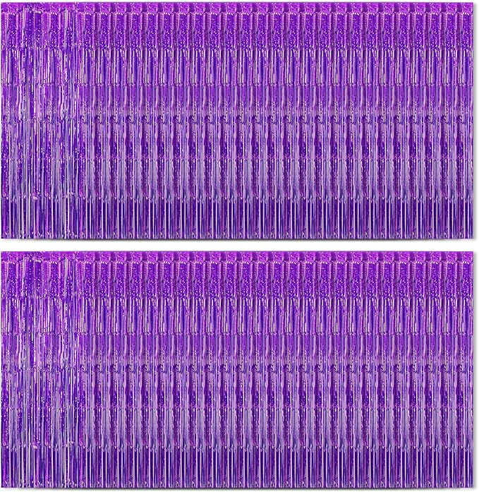 Purple Foil Fringe Curtains 50 Pack 3.2ft x 8.2ft Fringe Backdrop Curtains Metallic Tinsel Streamer Photo Backdrop for Birthday Party Decorations Halloween Christmas Party Supply (Purple)