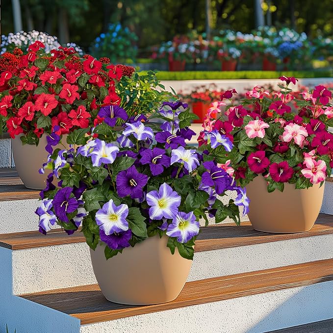 19 Inch Artificial Fake Flowers for Outdoor,4 Pcs Faux Silk Petunias Spring Flowers for Outside for Indoor Porch Planter Front Door Garden Patio Window Box Home Decor(Double Purple)
