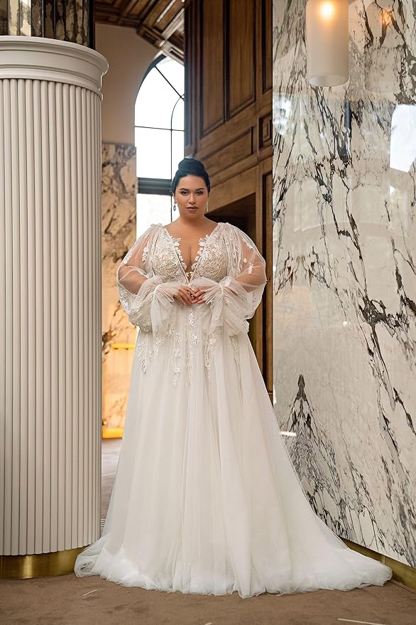 Plus Size Wedding Dresses for Bride Long Sleeve Wedding Bridal Gowns with Lace Appliques Off Shoulder Bride Dress