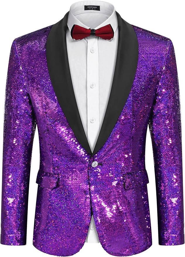 COOFANDY Mens Shiny Sequin Blazer Tuxedo Party Dinner Prom One Button Suit Jacket