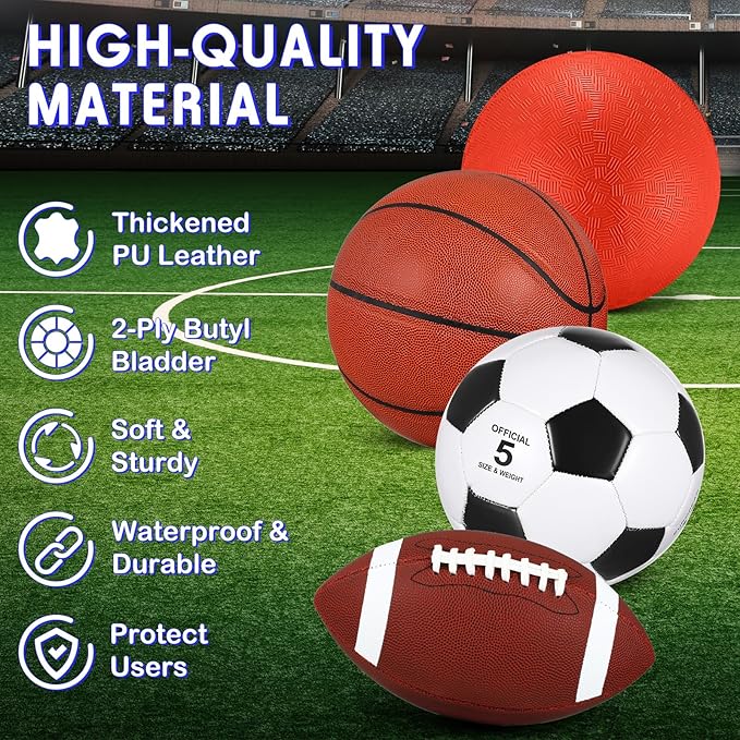 Deekin 8 Pcs Assorted Sport Balls Set Official Size Basketball Football Soccer Playground Balls with Pump and Bag Multi Athletic Ball for Youth Adult Outdoor Indoor Holiday Sports Gifts
