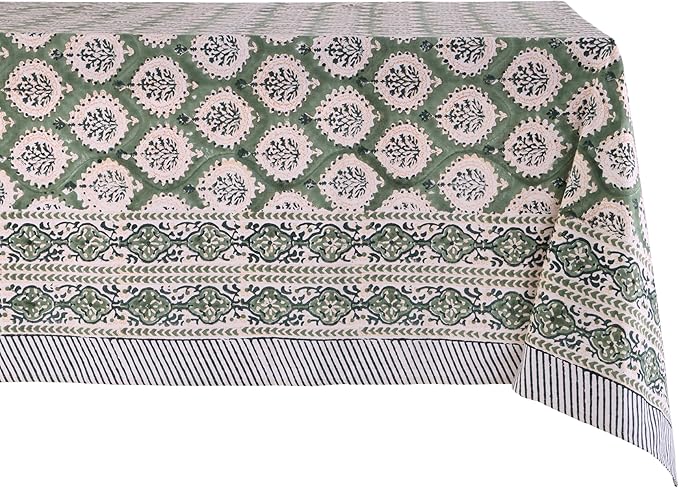 ATOSII Kari Green 100% Cotton Rectangle Fall Tablecloth, Block Print Floral Table Cloth Linen for Dining, Parties, Outdoors, Christmas, Thanksgiving, Grandmillennial Decor 60 X 90 Inches I 6 Seater