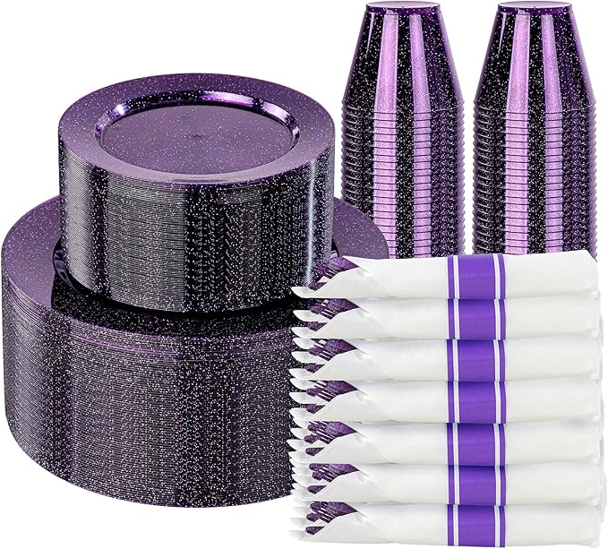 DaYammi 210 Purple Glitter Plastic Dinnerware Set for 30 Guests, Fancy Disposable Plates for Party, Include: 30 Dinner Plates, 30 Dessert Plates, 30 Pre Rolled Napkins with Purple Silverware, 30 Cups