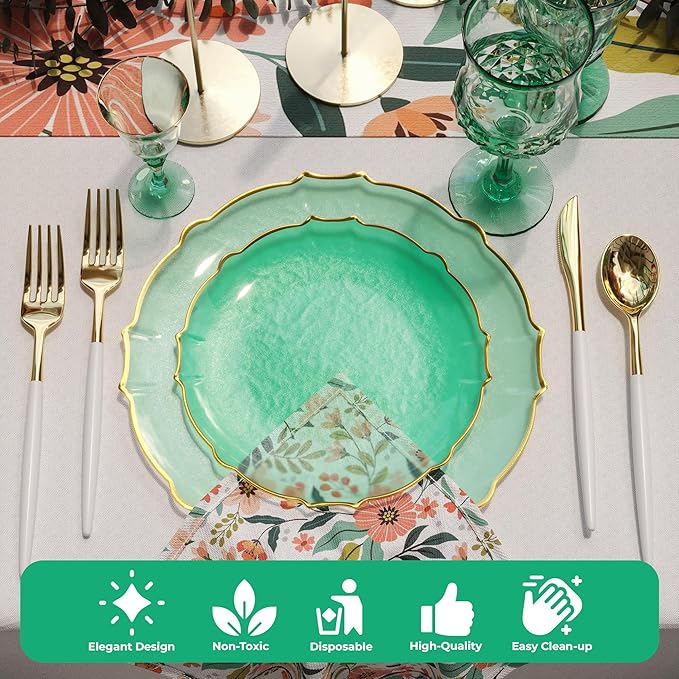 Exquisite Tinted Plates 40 Piece Plastic Disposable Plates for Party Set For 20 Guests 20 X 7.5 Dessert Plates & 20 X 10 Thin Delicate Fancy Plastic Plates Disposable Dinnerware Mint Gold Rim