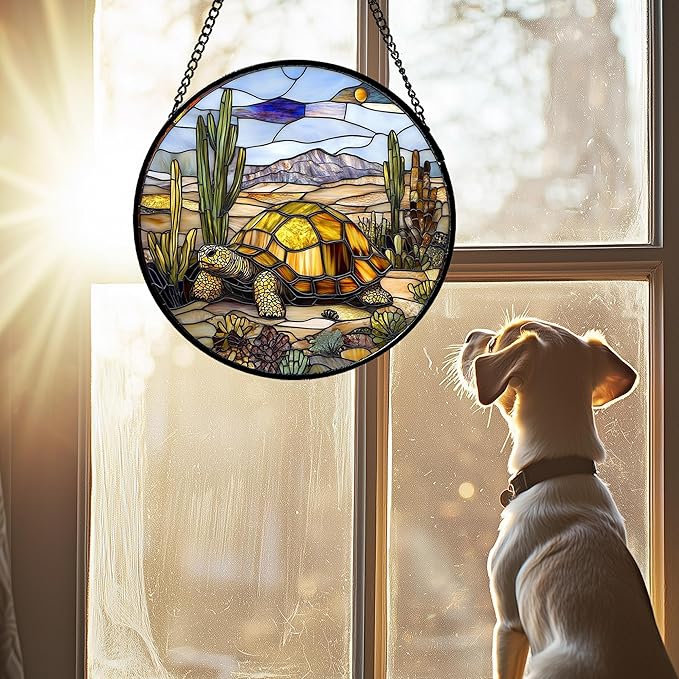 Stained Glass Window Hanging Golden Turtle Cactus Landscape Large 15" - Suncatcher Door Garden Sunroom Sun Catcher Home Decor Birthday Christmas for Mom Men Woman Nana