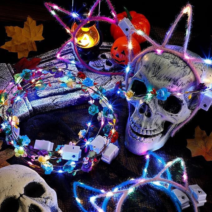 Xinnun 50 Pcs LED Unicorn Ear Headbands Bulk, Light up Cat Flower Headband Glow Crown Rabbit Ear Head Accessories for Adults Valentine's Day Mardi Gras Carnival Glow in the Dark Supplies