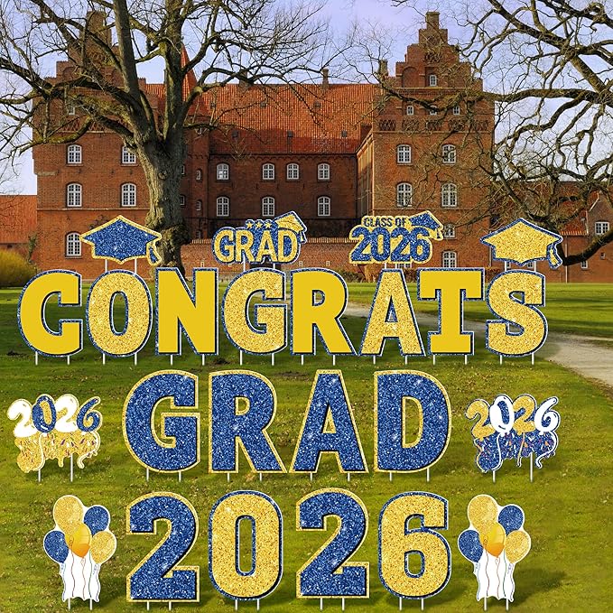 ANVAVO 2026 Congrats Grad Yard Signs Graduation Waterproof Decorations Graduation Yard Sign Decorations Grad Party Outdoor Lawn Decor with Stakes, Royal Blue and Gold