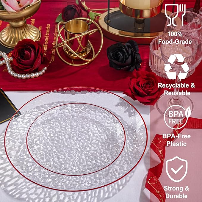 Rubtlamp 60Pcs Red Plastic Plates, Clear Plastic Plates With Red Rim, Heavy Duty Disposable Plates for Party, Fancy Hammered Plates Include 30 Red Dinner Plates 30 Clear Cake Plates