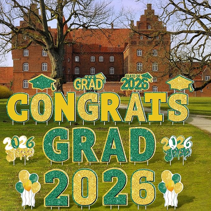ANVAVO 2026 Congrats Grad Yard Signs Graduation Waterproof Decorations Graduation Yard Sign Decorations Grad Party Outdoor Lawn Decor with Stakes, Green and Gold
