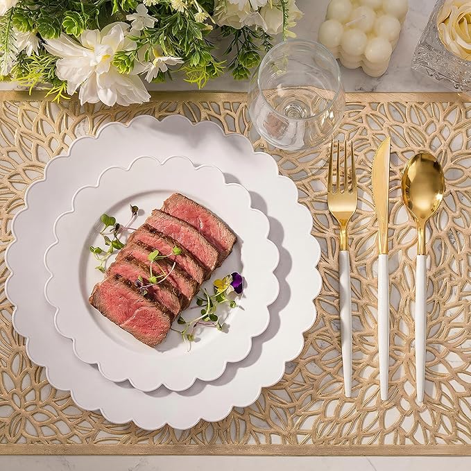 supernal 100pcs White Plastic Plates Disposable for Wedding,Plastic Plates For Party Includes 50pcs Dinner and Dessert Plate.Scalloped Plastic Platefor Valentine's Day Mother's Day and Easter