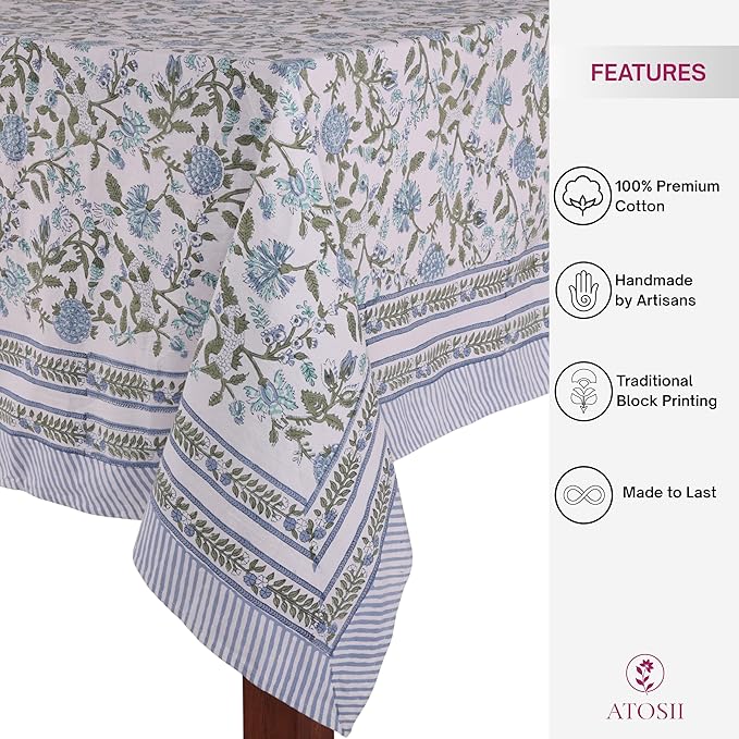 ATOSII Mahoka Blue 100% Cotton Rectangle Spring Tablecloth, Handblock Floral Linen Table Cloth for Kitchen Dining Table I Parties Weddings Outdoors Easter Home Decor 72 X 140 Inches I 12 Seater