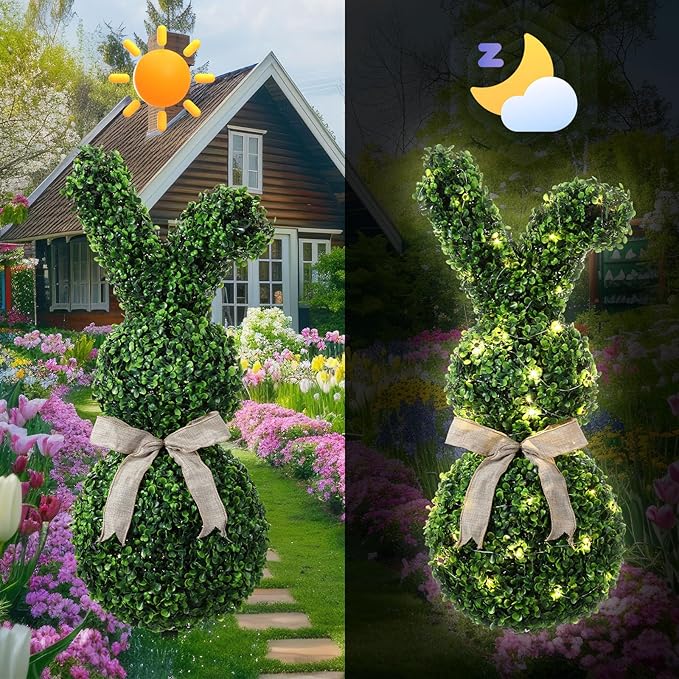 2 Pcs 31.5 Inch Easter Artificial Bunny Shaped Topiary Trees with Ground Spike, Spring Faux Boxwood Topiary Rabbit Bushes Potted Fake Shrubs for Garden Patio Front Porch Indoor Outdoor Decor