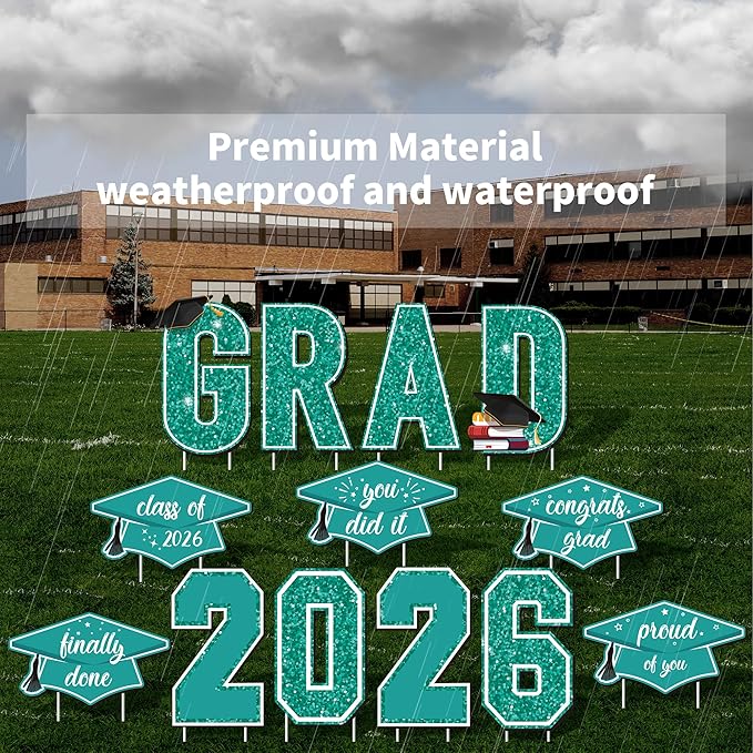 Aneco Waterproof 2026 Grad Yard Signs Plastic Graduation Yard Signs Party Outdoor Lawn Decorations 16 Inches Glitter Congrats Grad Lawn Sign with Stakes for Outdoor Party Garden Decor (Teal)