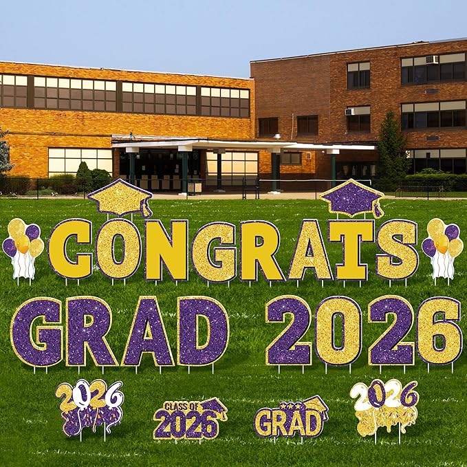 ANVAVO 2026 Congrats Grad Yard Signs Graduation Waterproof Decorations Graduation Yard Sign Decorations Grad Party Outdoor Lawn Decor with Stakes, Purple and Gold