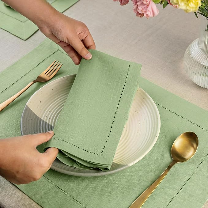 D'Moksha Homes Sage Green Linen Napkins Set of 8 - Classic Hemstitch 100% Pure Linen Hemstitch Dinner Napkins 20 x 20 Inch for Spring, St Patricks Day, Easter - Handcrafted and Machine Washable