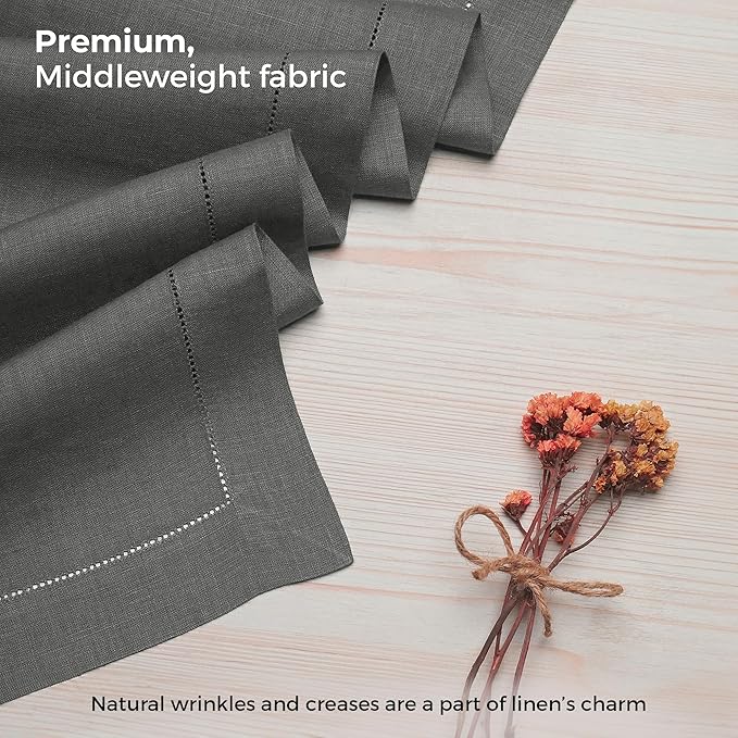 D'Moksha Homes Linen Charcoal Grey Table Runner 120 Inches Long - 100% Pure Linen Hemstitch 14 x 120 Inch Table Runner for Dining, Spring, Easter - Classic Hemstitch