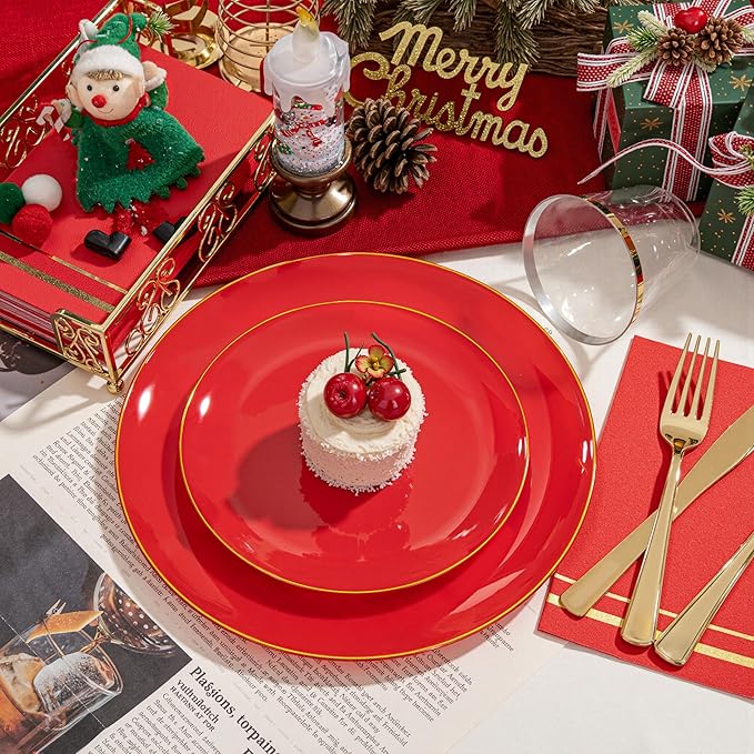 NOCCUR 350PCS Red Plastic Plates - Disposable Red Gold Dinnerware Set for 50 Guests, 100 Dinner/Dessert Plates, 150 Gold Silverware, 50 Cups&50 Napkins for Party/Wedding/Valentines Day