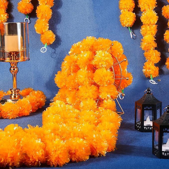 Giegxin 15 Pack Marigold Garland for Decoration 5 ft Long Strands Faux Artificial Marigold Flowers for Dia De Los Muertos Diwali Indian Wedding Party Decorations(Light Orange)