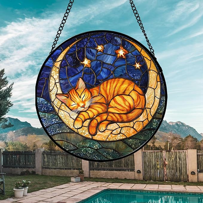 Stained Glass Window Hanging - Orange Moon Sleeping Cat Sun Catcher for Door Home Decor Blue Starry Sky Suncatcher Christmas Mother's Day Birthday Gifts for Women Men Mom Nana 15 in