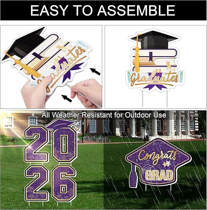 Large 11 PCS Graduation Yard Signs, Class of 2026 Congrats Grad Outdoor Lawn Yard Sign with Stakes, Graduate Yard Decorations for College High School Party, Purple and Gold
