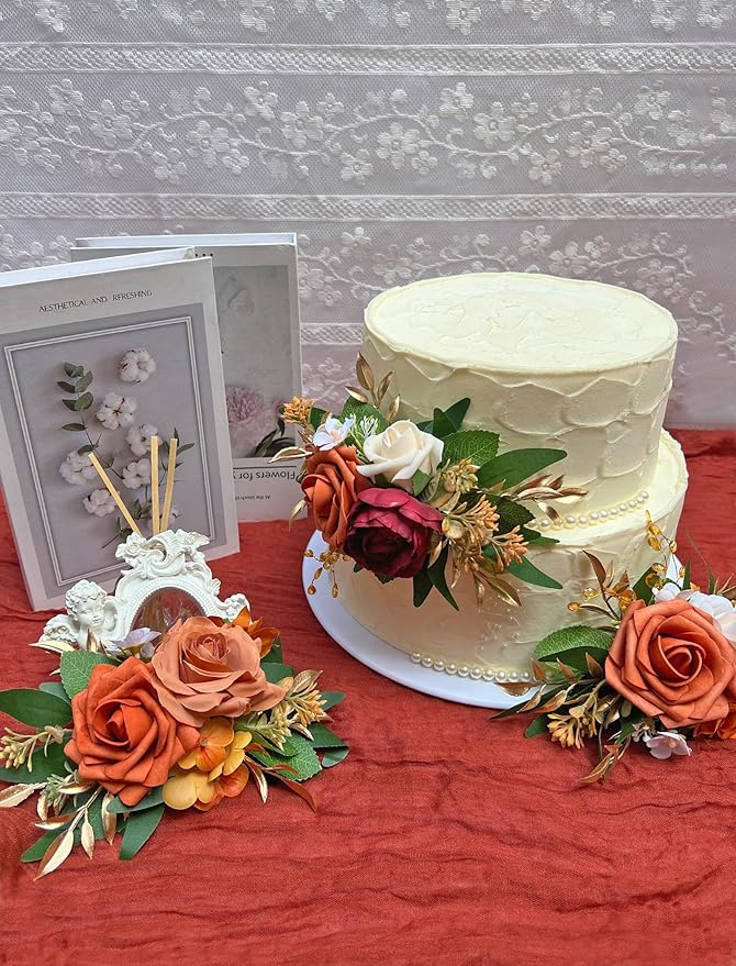 Marriwise 3Pcs Pre-made Cake Toppers Flowers, Burnt Orange Wedding Cake Decoration,Artificial Flowers Decor for Wedding Ceremony Anniversary,Birthday Party,Fall Vintage (Burnt Orange)