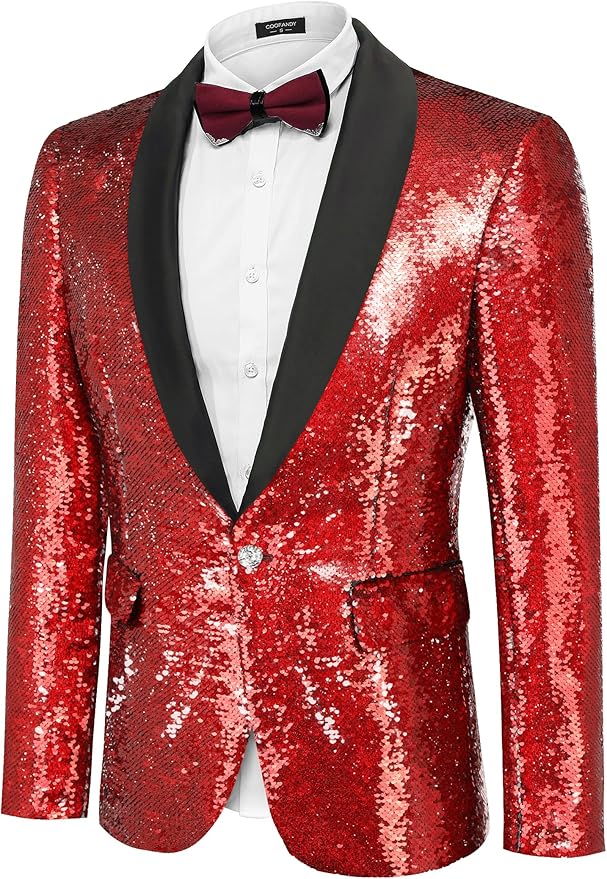 COOFANDY Mens Shiny Sequin Blazer Tuxedo Party Dinner Prom One Button Suit Jacket