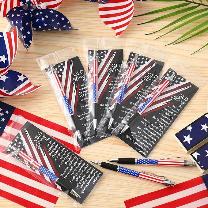 200 Sets American Flag Ballpoint Pens Bulk USA Patriotic Themed Black Ink Retractable Pen Stars Stripes Bookmarks Stationery Valentines Party Gifts for Home Office Army Veterans Souvenirs
