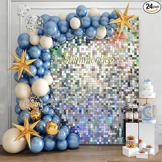 Shimmer Wall Backdrop - 24pcs Decorations Panel | Wedding, Birthday, Anniversary, Engagement & Bridal Shower Party Decor Panel (Iridescent Silver)