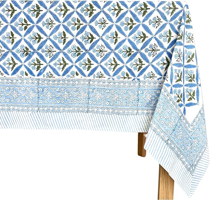 ATOSII Netta Blue 100% Cotton Square Summer Tablecloth, Handblock Floral Print Linen Table Cloth for Kitchen Dining I Parties, Weddings, Outdoors, 60 X 60 Inches I 4 Seater