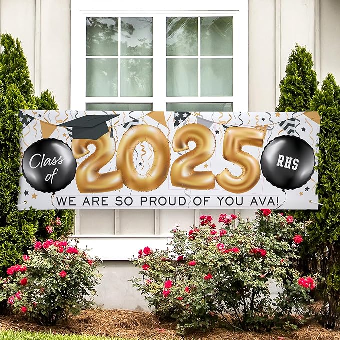 Let's Make Memories Personalized Graduation Banner - Class of 2025 Graduation Party - Custom Congratulations Banner - Indoor/Outdoor Vinyl - Up and Away - Balloons - 10 ft.