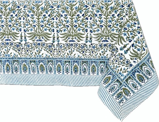 ATOSII Nargis Blue 100% Cotton Rectangle Summer Tablecloth, Indian Block Print Floral Table Cloth I Dining Parties Weddings Outdoors Holidays 60 X 90 Inches 6 Seater I Grandmillennial Farmhouse Boho