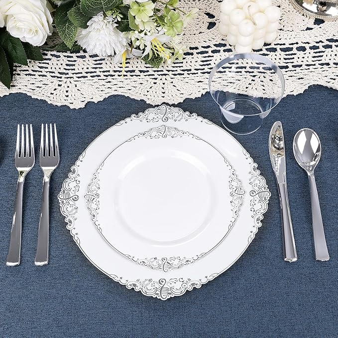 YOUBET 600PCS Silver Plastic Plates - White and Silver Disposable Plates - Silvery Plastic Dinnerware Set - Include 200 Plates, 300 Heavy Duty Silverware, 100 Cups for Wedding & Party