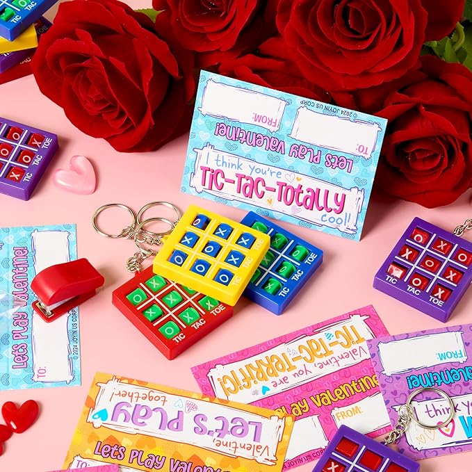 JOYIN 36 Pcs Valentine's Day Gift Cards with Tic-Tac-Toe Keychain, Valentines Days Keychains for Party Favor, Classroom Exchange Prizes for Kids, Party Greeting Cards