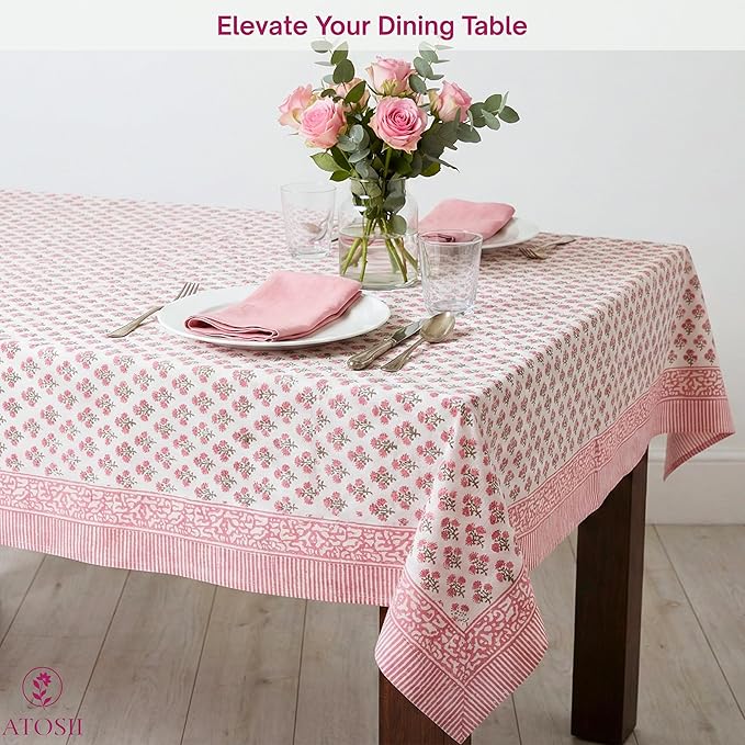 ATOSII Gulbahar White Pink 100% Cotton Fall Rectangle Tablecloth, Handblock Print Floral Table Cloth for Kitchen Dining Linen I Thanksgiving Christmas Weddings Outdoors I 72 X 108 Inches I 8 Seater