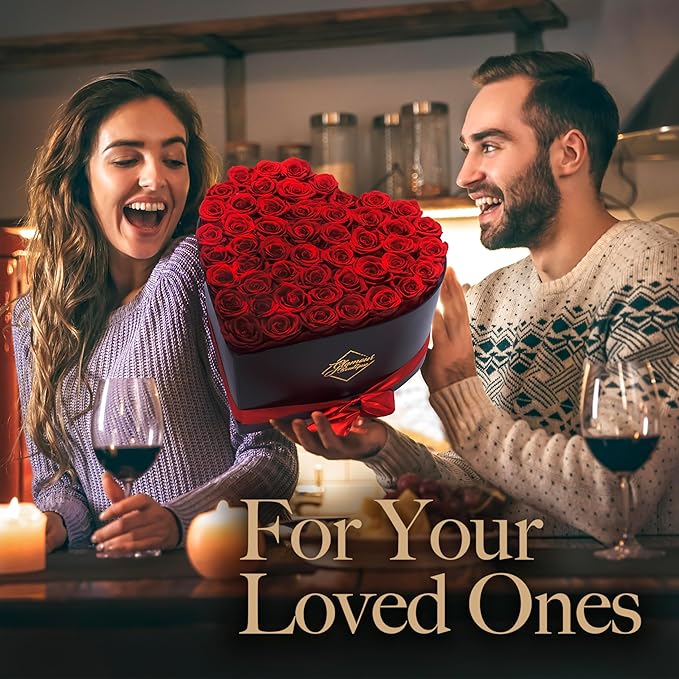 GLAMOUR BOUTIQUE 50 Flower Forever Heart Shape Box, Eternal Preserved Roses Gift for Her, Lasting Flowers, Grand Floral Heart Arrangement for Birthday, Anniversary Valentine’s Day, Red (Color-Treated)